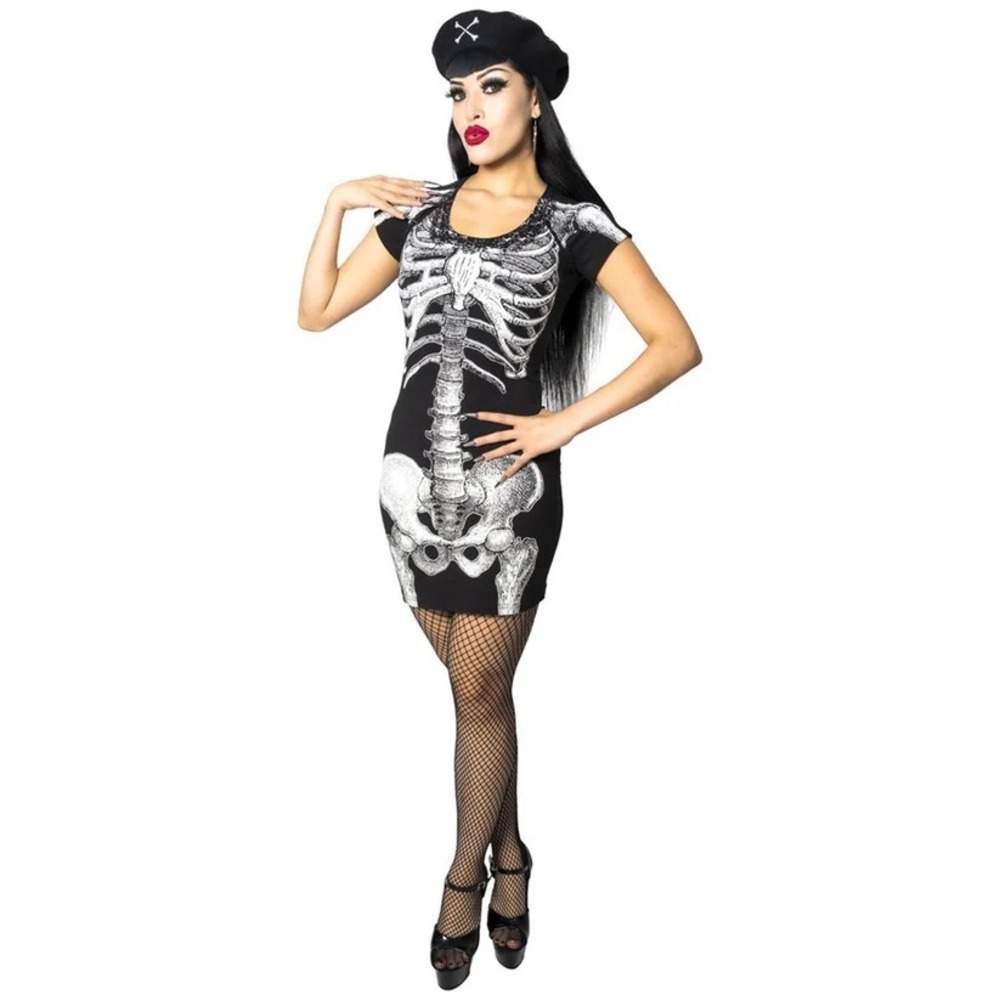 Skeleton Tunic Dress Bodycon Stretchy Small S Black White Goth Halloween NWT‎